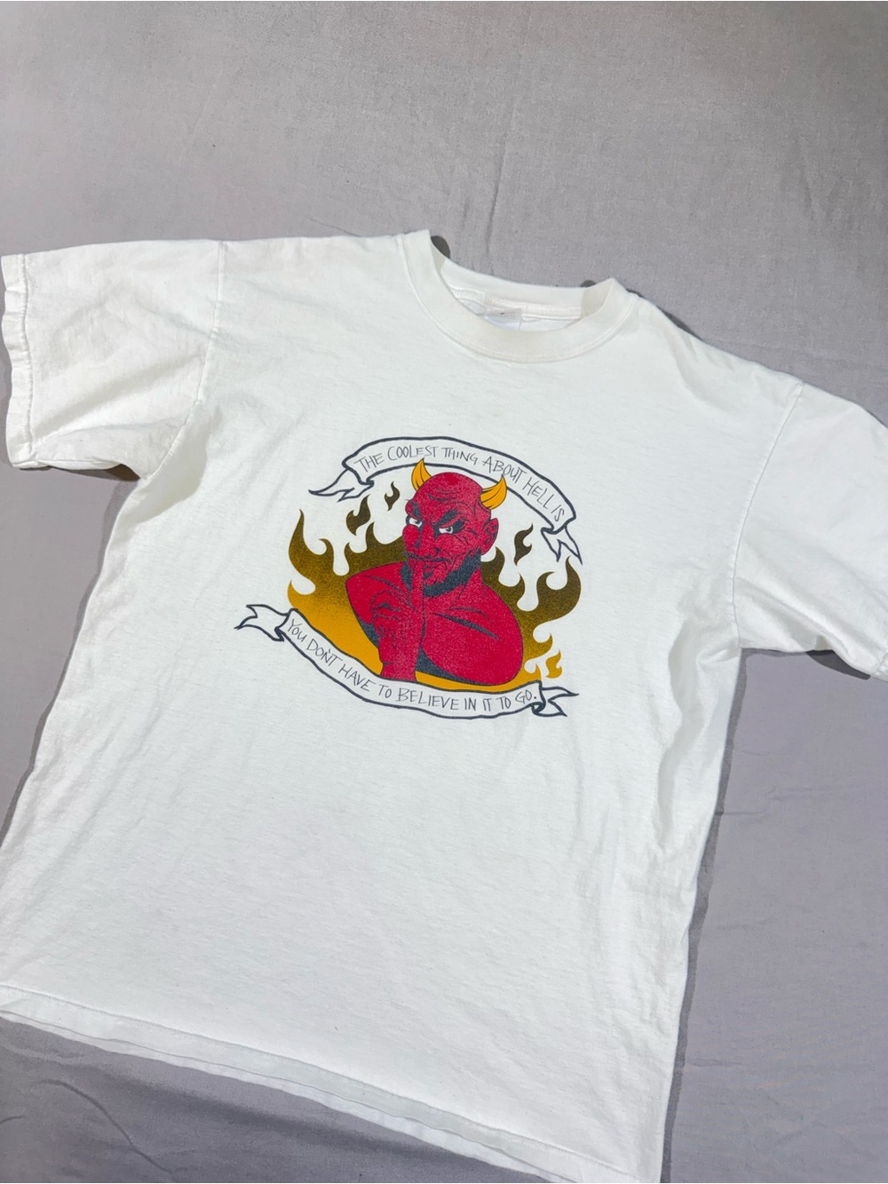 Vintage Y2K Anvil Devil Religious Graphic Tee - White